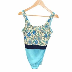 Lands end one piece swimsuit size 12 blow floral checkered classic modest vacay